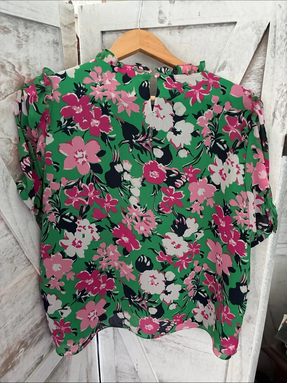 J. Crew Green Floral Ruffle Yoke Blouse with Pink & White Flowers